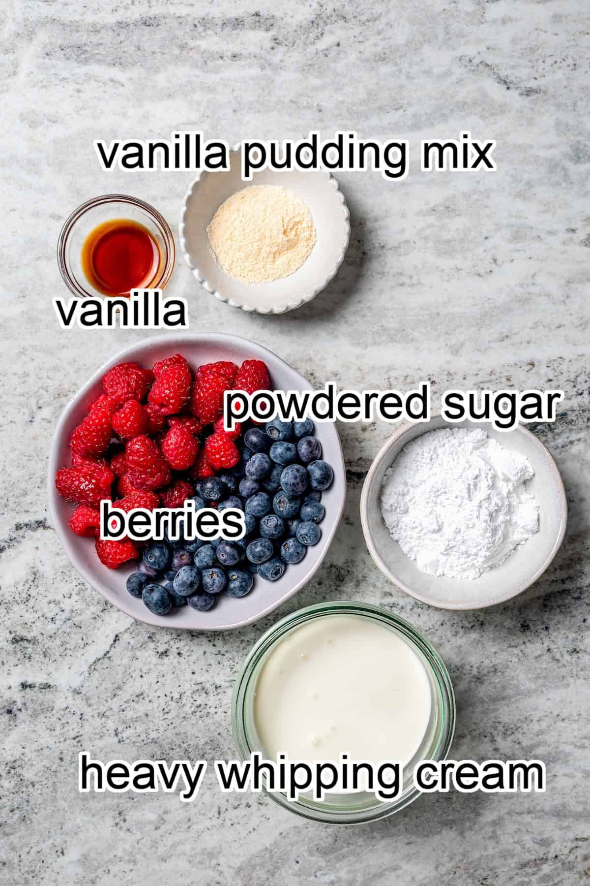 These Angel Food Cupcakes are dotted with mini chocolate chips and topped with vanilla cream and fresh berries. A light, summery treat! ingredients needed for angel food cupcakes