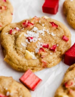 Closeup of rhubarb cookie topped with Maldon sea salt