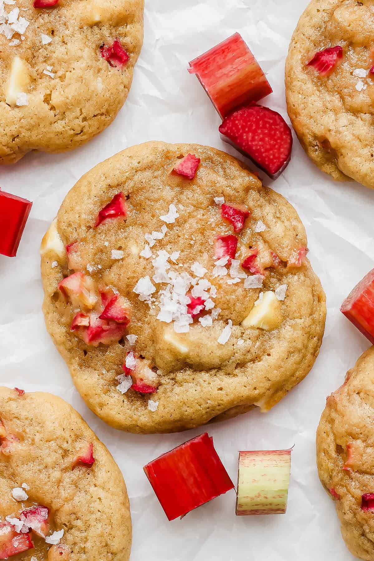 Overhead view of chewy rhubarb cookie with flaky sea salt