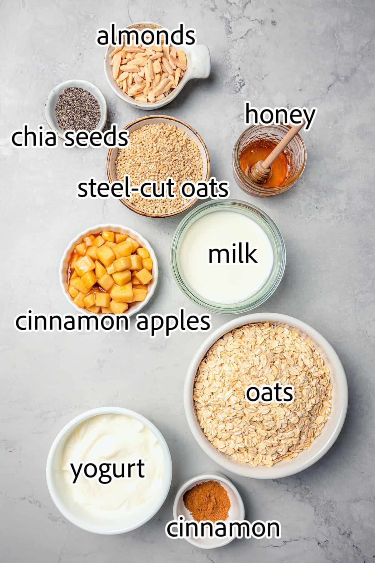 This Apple Cinnamon Overnight Oats recipe is an easy make-ahead breakfast, with the creamiest oats and lots of cozy, tender apples! ingredients needed for apple cinnamon overnight oats