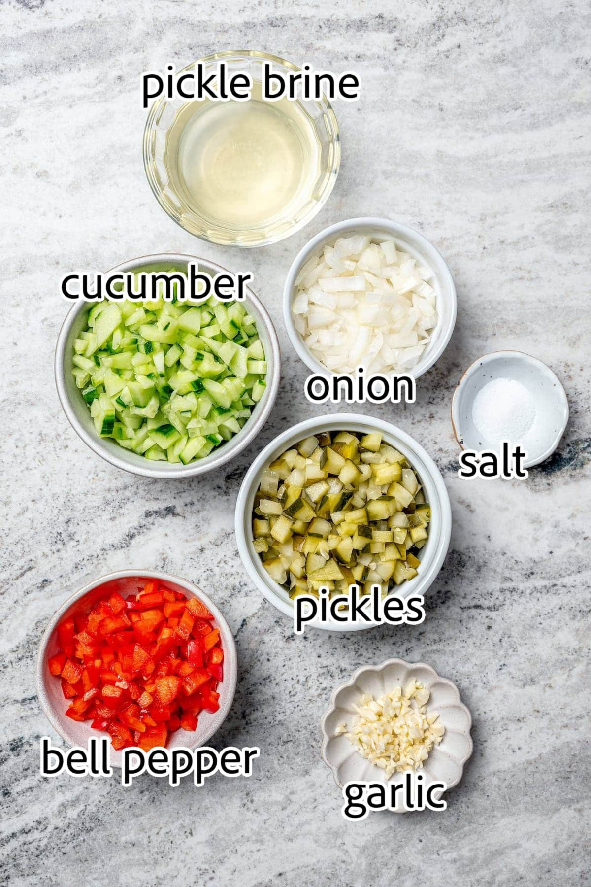 Inspired by Grillo's, this Pickle de Gallo recipe is oh so easy to make and packs in big, briny pickle flavor. Use it as a dip or condiment! ingredients needed for pickle de Gallo