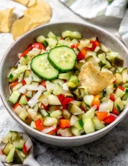 Pickle de gallo in bowl with potato chip