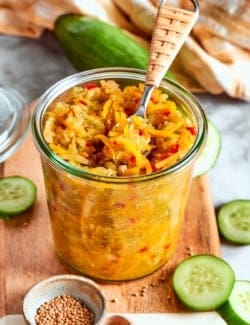 Jar of pickle relish with spoon