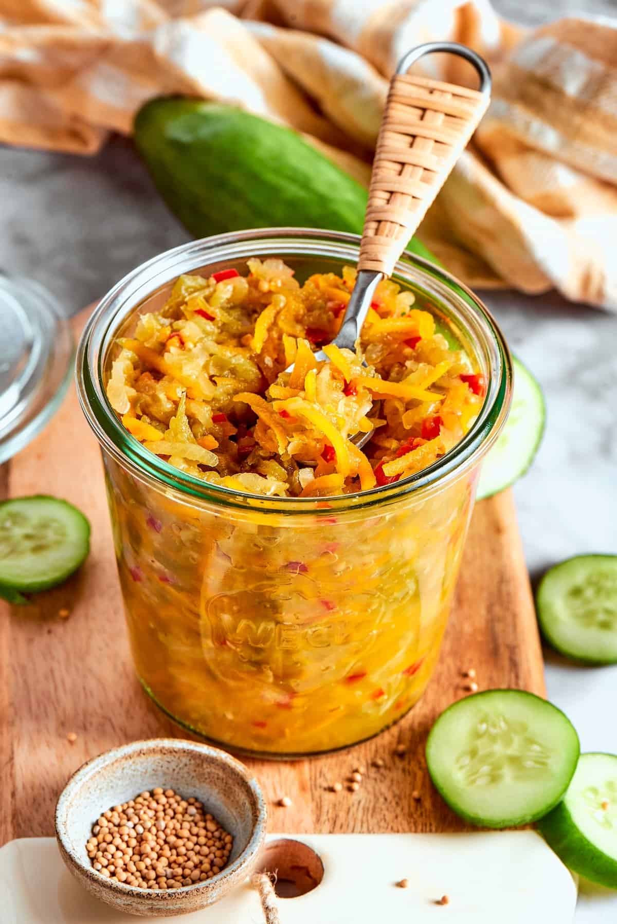Jar of pickle relish with spoon