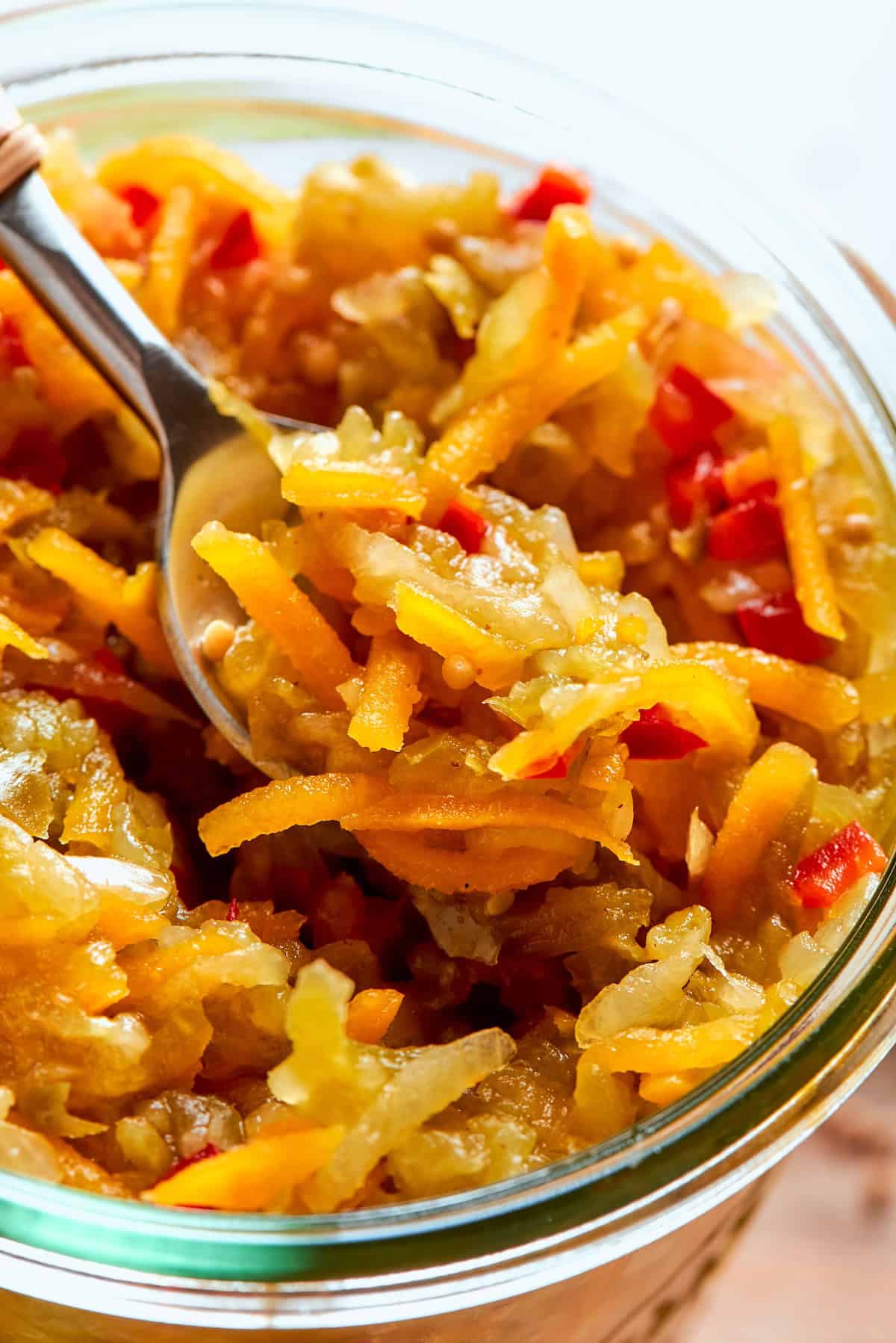 Spoonful of pickle relish in jar