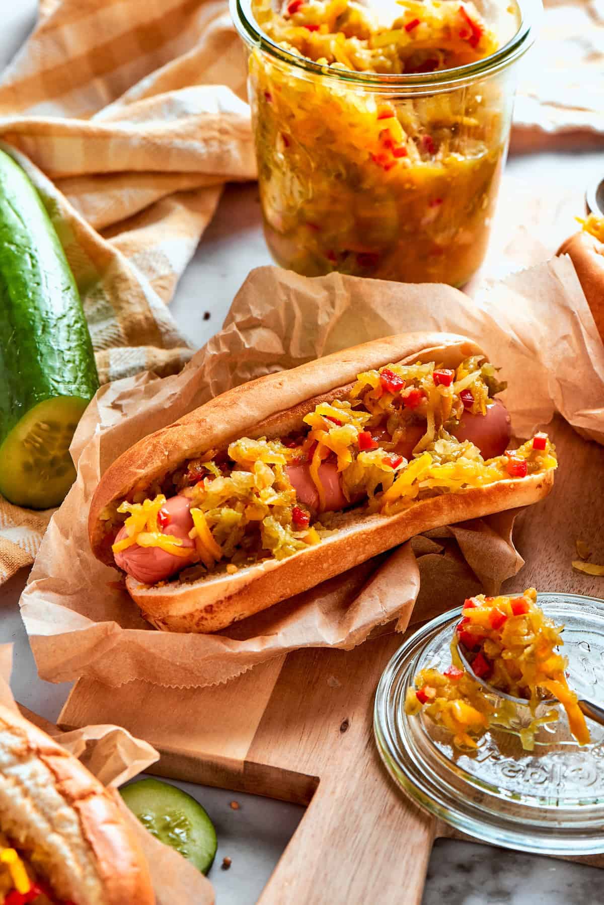 Hot dog topped with homemade pickle relish