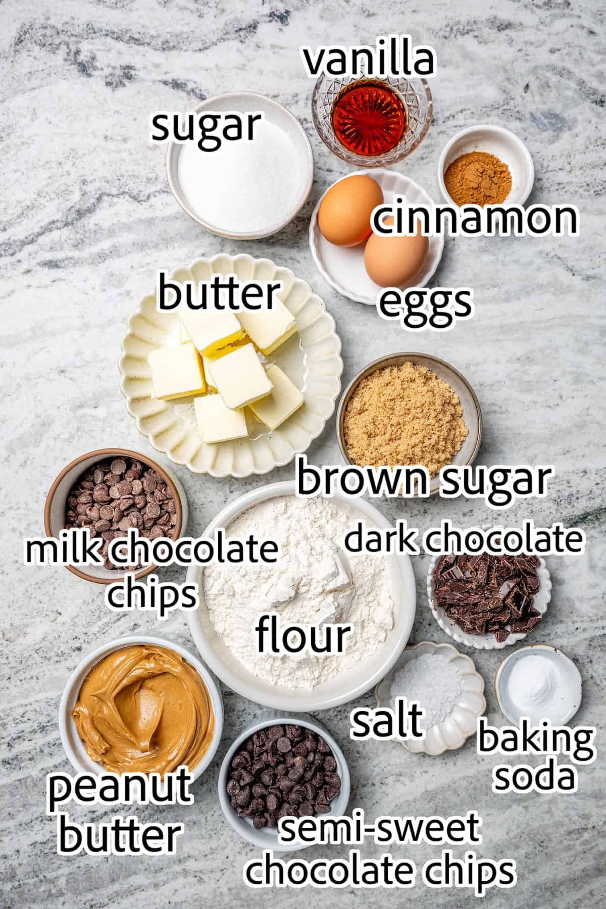 These soft, chewy peanut butter chocolate chip cookies are extra wonderful with three kinds of chocolate, plus a sprinkle of sea salt! ingredients needed for peanut butter chocolate chip cookies