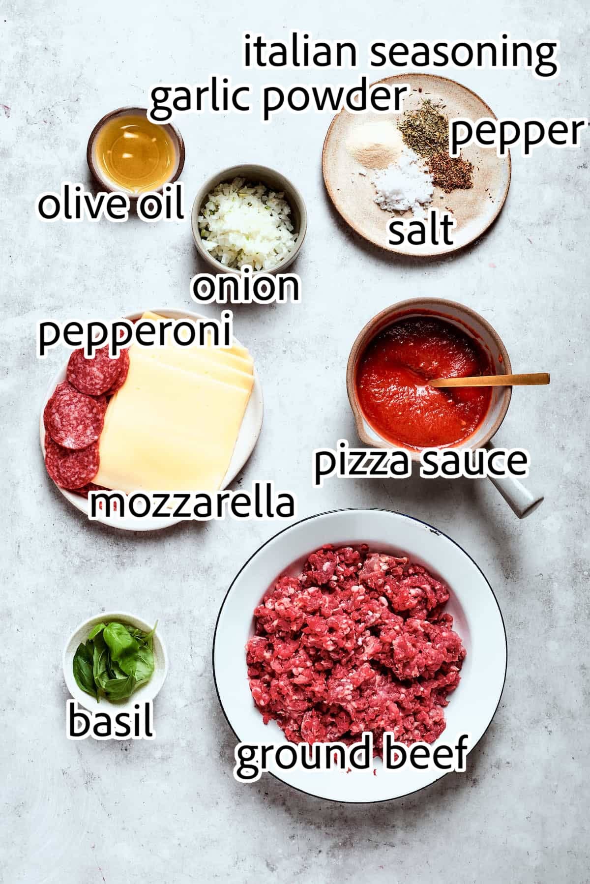 Blend two favorites to make this Pizza Burger recipe! Juicy beef patties are topped with tangy marinara, pepperoni, mozzarella & fresh basil. ingredients needed for pizza burgers