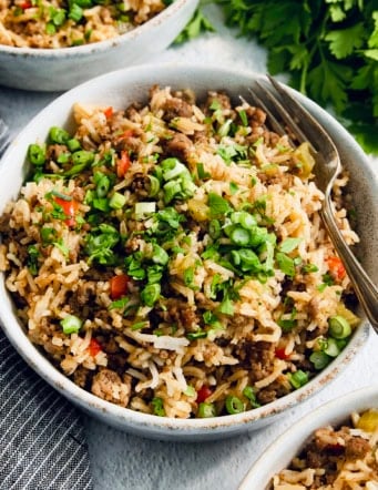 Bowl of dirty rice with fork.