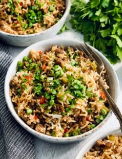 Bowls of homemade dirty rice with green onions and parsley for garnish.