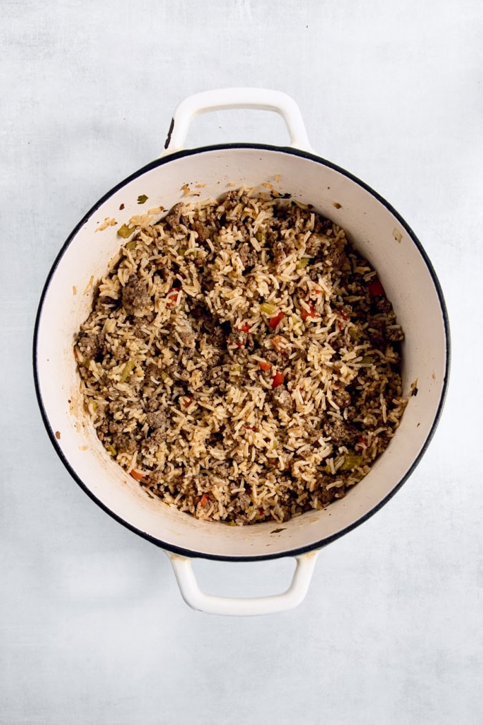 Homemade dirty rice in Dutch oven.