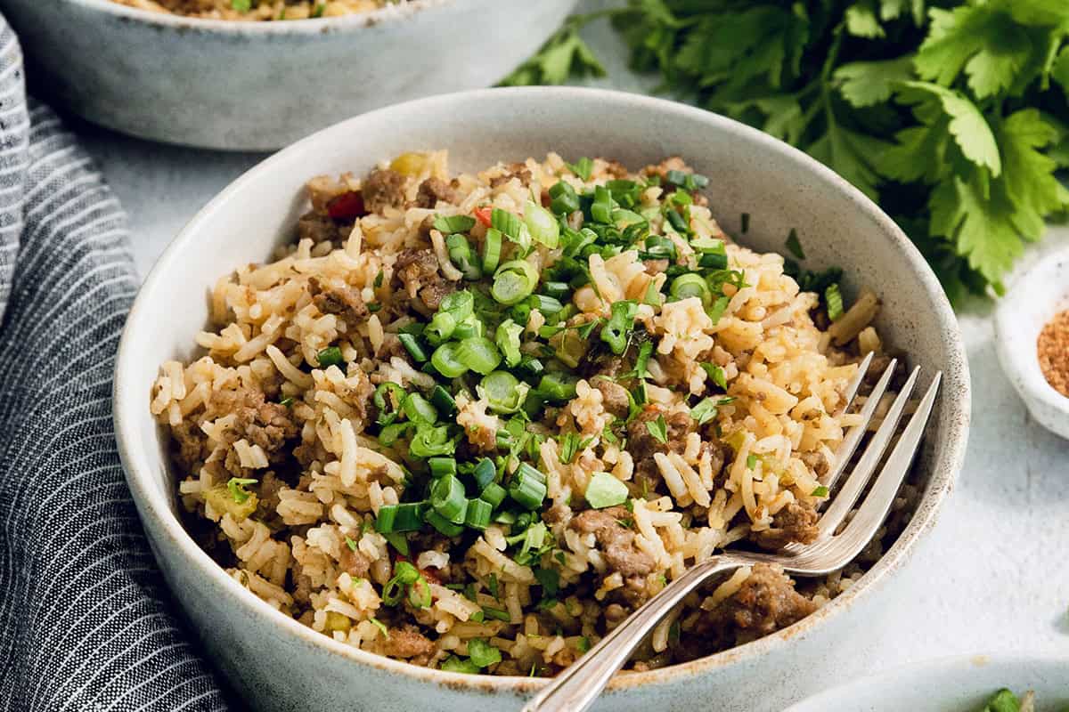 Bowl of dirty rice with fork and green onions for garnish.