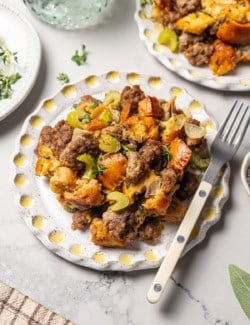 sausage stuffing on a plate with a fork