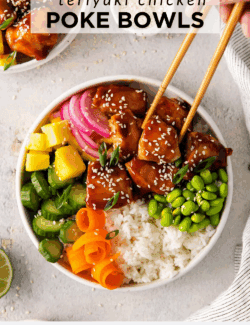 Pinterest image for Teriyaki Chicken Poke Bowls