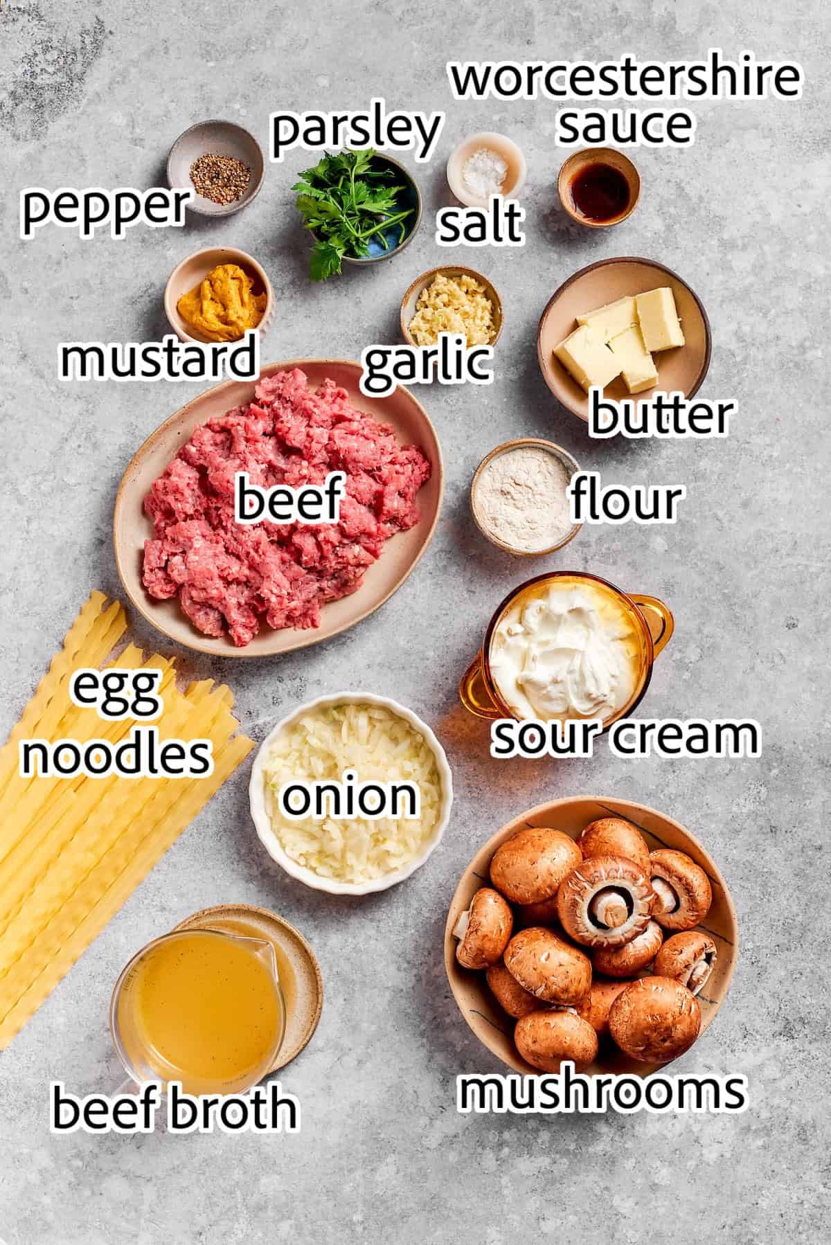 This creamy Ground Beef Stroganoff recipe is made from scratch without canned soup! An easy, budget-friendly dinner your family will love. ingredients needed for ground beef stroganoff
