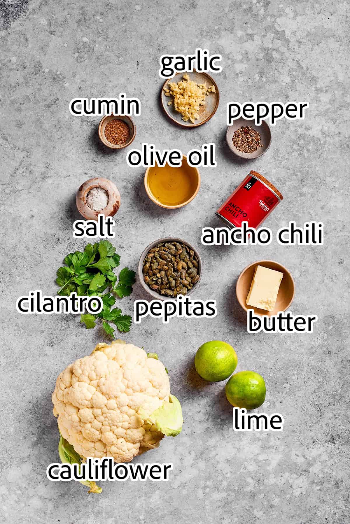 This easy roasted cauliflower is jazzed up with pepitas, cumin, smoky ancho, garlic, and lime. Crispy on the outside, tender inside! ingredients needed for roasted cauliflower with pepitas