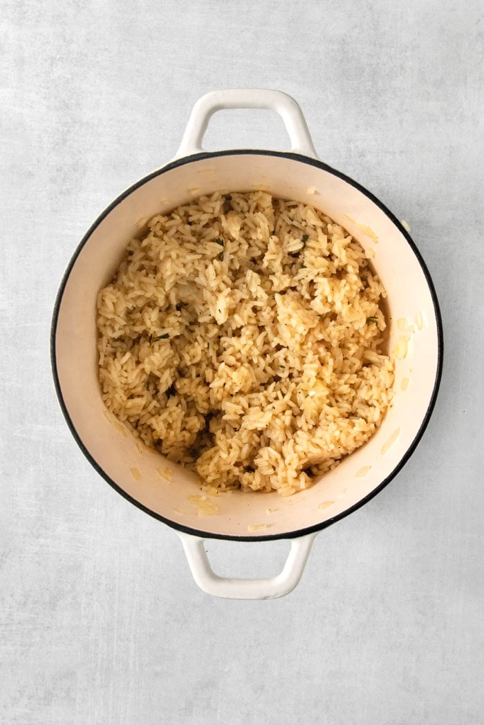 Pot of rice cooked in chicken broth.