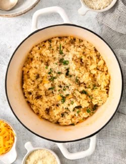 Cheesy rice in cast iron pot.