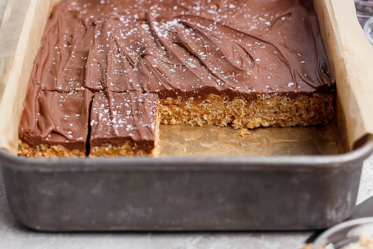 Baking dish with scotcheroos.