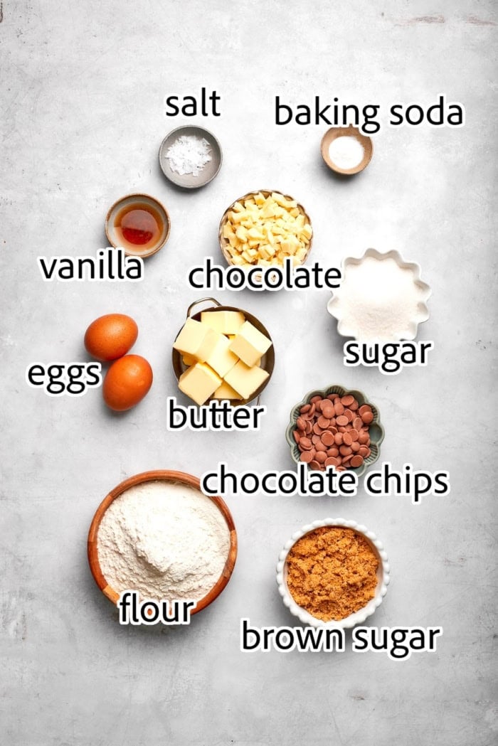 Nutty brown butter, flaky sea salt and fluffy buttercream make this chewy chocolate chip skillet cookie worthy of a celebration. So easy too! ingredients needed for brown butter chocolate chip skillet cookie