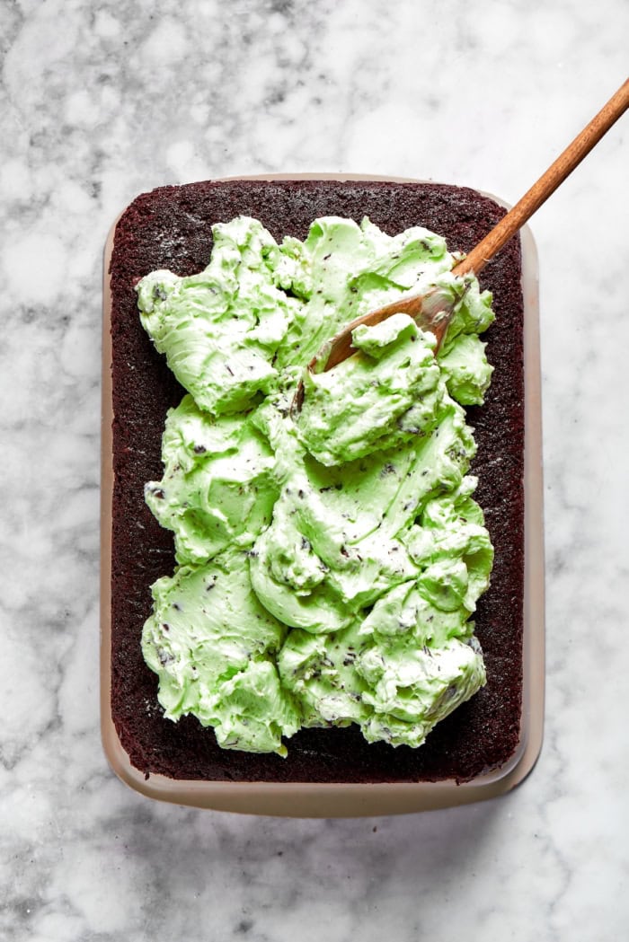 Chocolate cake with mint buttercream is perfect for any occasion. With fluffy mint frosting flecked with chocolate, it's such a crowd-pleaser! spreading mint chocolate chip buttercream over chocolate cake