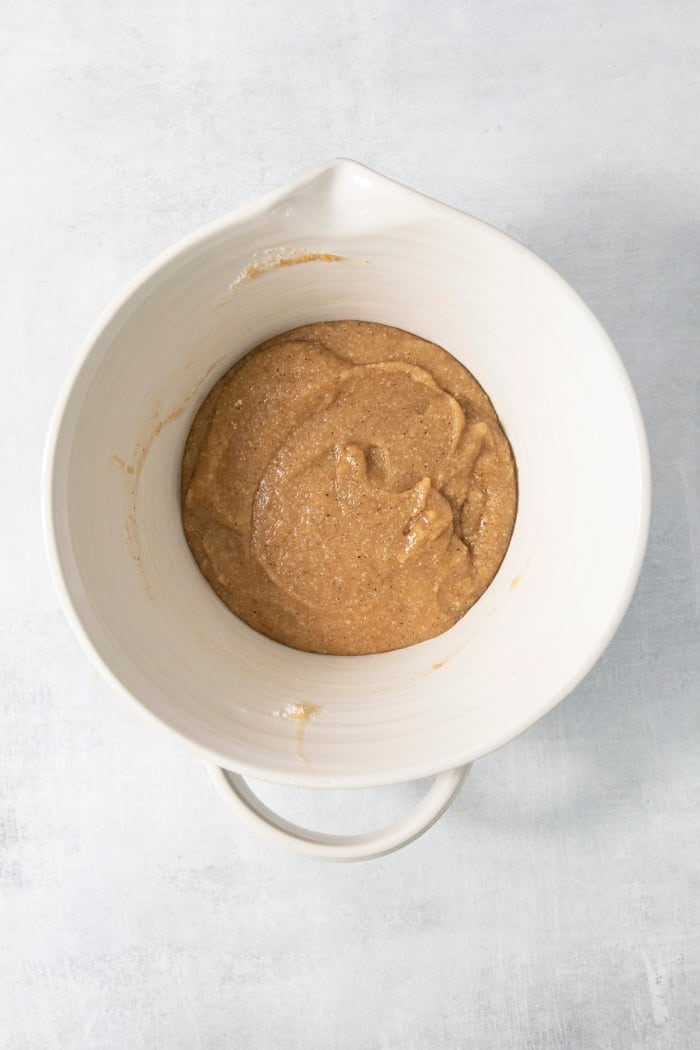 Financiers are an elegant treat that feels straight from a French bakery! My version is made in a muffin pan, so it's easy for home bakers. Batter for financiers in mixing bowl.