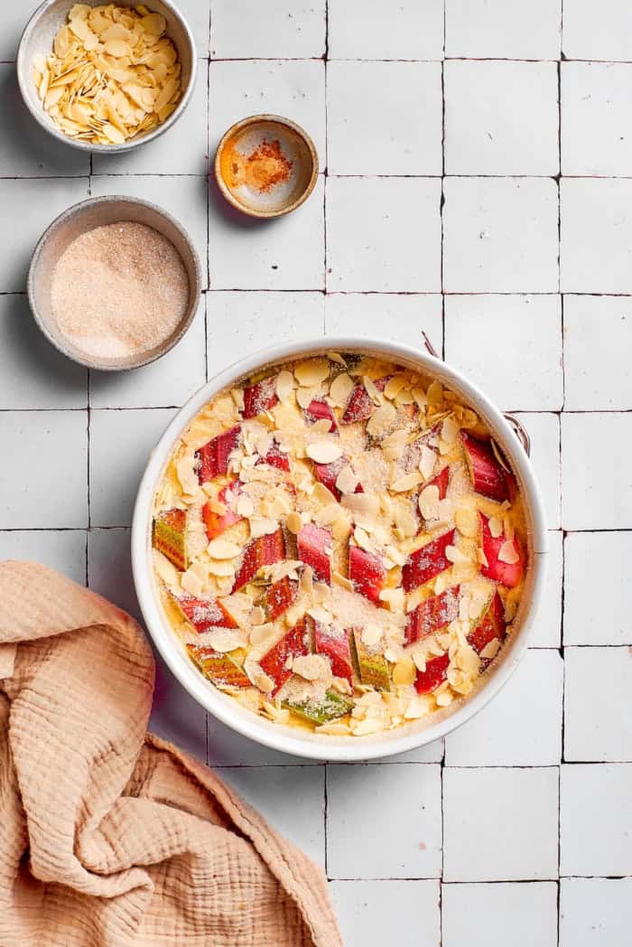 Unbaked Norwegian rhubarb cake in pan.