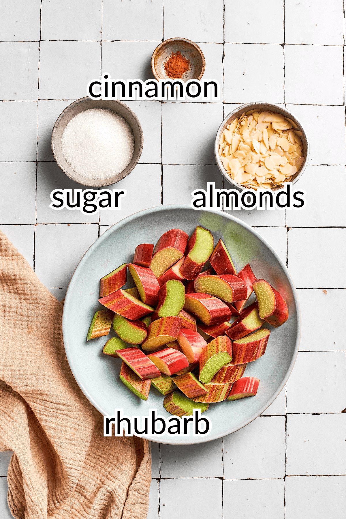 ingredients needed for almond and rhubarb cake