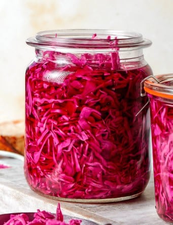 two jars of pickled red cabbage