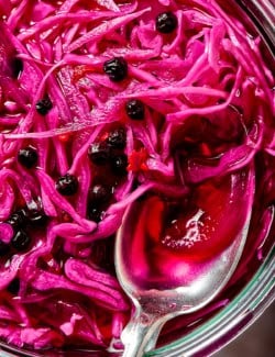 overhead photo of a jar of pickled red cabbage with whole black peppercorns