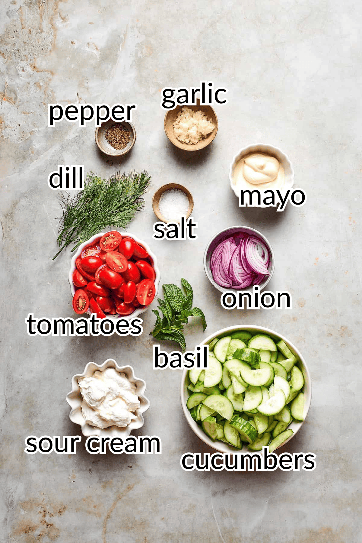 ingredients needed for creamy cucumber and tomato salad