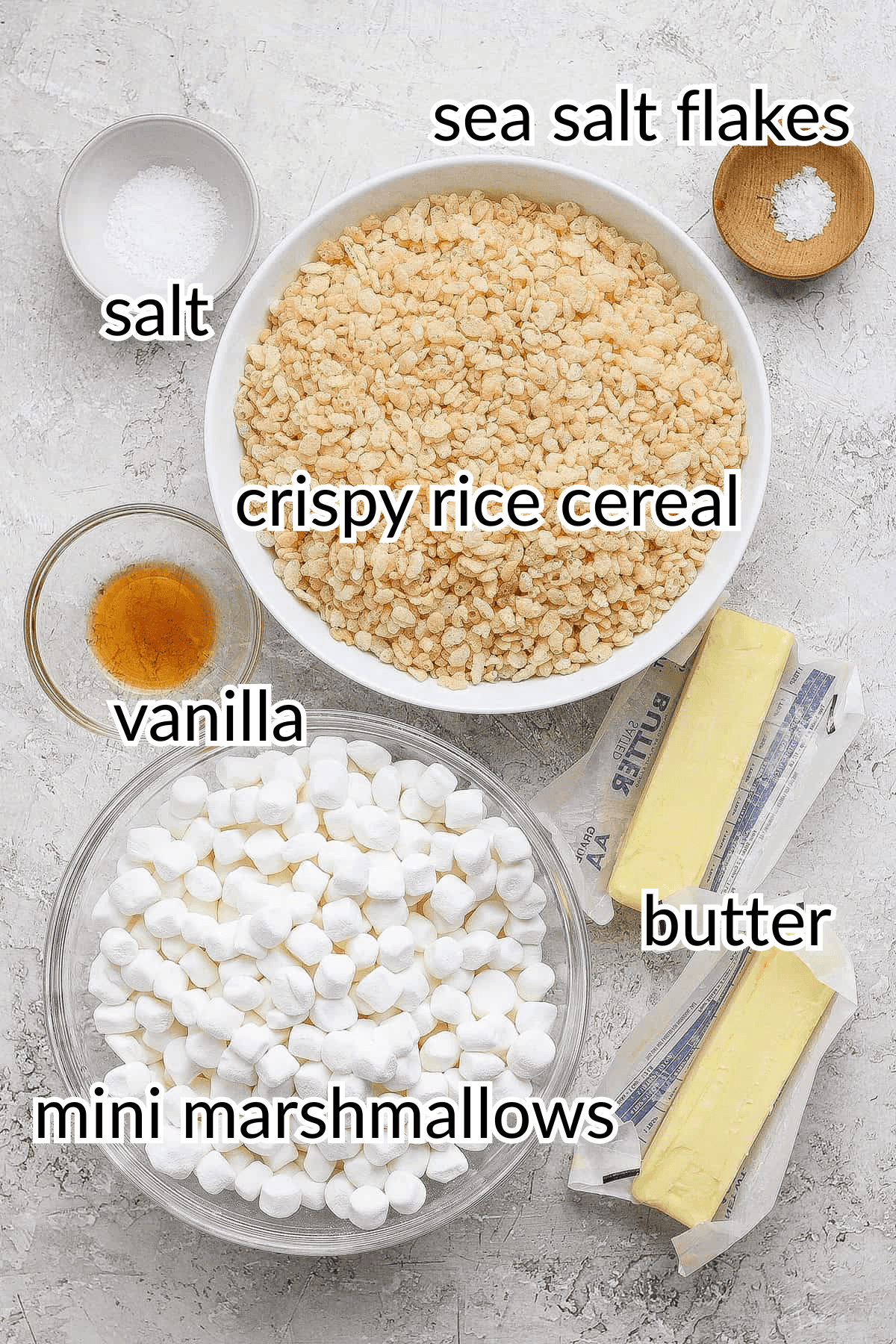Brown butter Rice Krispie treats are a more indulgent version of the classic, with extra marshmallows, nutty brown butter and flaky sea salt! ingredients for salted brown butter rice krispie treats